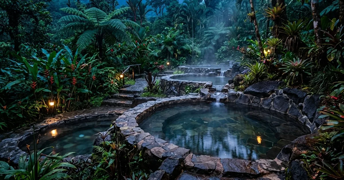 Terraced thermal pools at dusk near La Fortuna